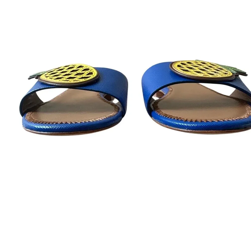 Tory Burch‎ Pineapple Accent Slide Sandals Blue Size 7